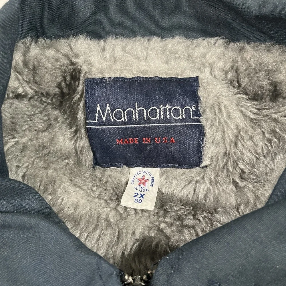 Vintage Manhattan Jacket Mens 2XL Blue Sherpa Lined Full Zip Bomber USA Made 80s